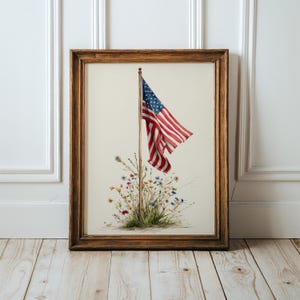 Lámina decorativa con la bandera estadounidense y flores silvestres, lámina botánica patriótica, decoración minimalista americana, póster vintage neutro del 4 de julio.