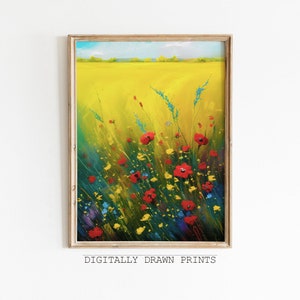 Printable Wildflower Field Landscape Oil Painting, Vintage Farm House, Country Field Landscape Oil Painting Printable, Art Digital Download