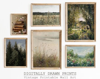 Printable Vintage Spring Prints, Set of 6 Country Field Landscape Oil Paintings, Farmhouse Decor, Cottagecore Wall Art, Digital Download