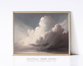 曇り空の絵画 | ヴィンテージ風景画（青）印刷可能 ダウンロード