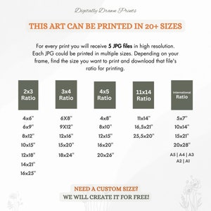 May include: A beige print with text listing various print sizes and ratios, including 4x6", 6x8", 8x10", and 11x14". The text states that the art can be printed in 20+ sizes and offers custom sizes. The image includes the text "Digitally Drawn Prints".