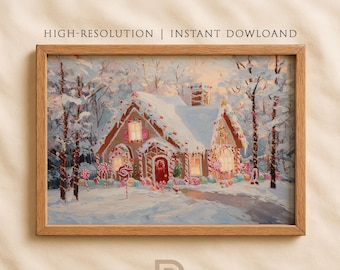 May include: A framed print of a winter scene featuring a gingerbread house covered in snow and decorated with candy. The artwork is set in a snowy landscape with trees and a road. The text "HIGH-RESOLUTION | INSTANT DOWLOAND" is at the top.
