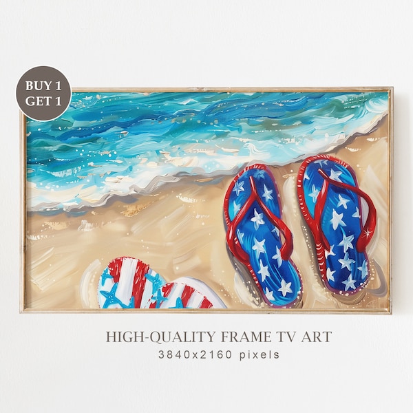 Patriotic Beach Flip Flops Frame TV Art | 4th of July Coastal Oil Painting Digital Download | Colourful USA Independence Day Home Decor