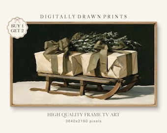 Vintage Christmas Frame TV Art: Wooden Sled & Neutral Presents Painting (Digital Download)