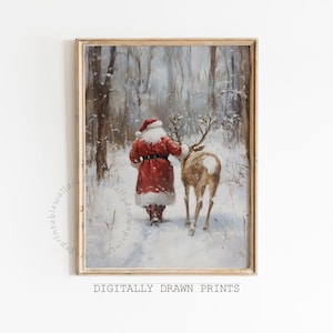 Santa Claus and Reindeer Wall Art Print, Snowy Winter Printable Christmas Home Decor, Farmhouse Christmas Instant Download Art
