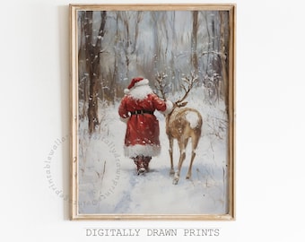 Santa Claus and Reindeer Wall Art Print, Snowy Winter Printable Christmas Home Decor, Farmhouse Christmas Instant Download Art