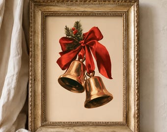 Vintage Christmas Bells Print, Gold Bell & Red Bow Holiday Art (Digital Download)