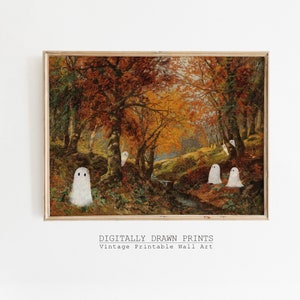 Cute Ghosts in Autumn Forest Vintage Painting, Spooky Country Halloween Decor, Ghost Halloween Edition, Art Digital Download