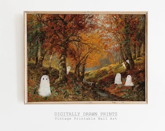 Vintage Ghost Painting, Autumn Forest, Spooky Halloween Decor (Digital Download)