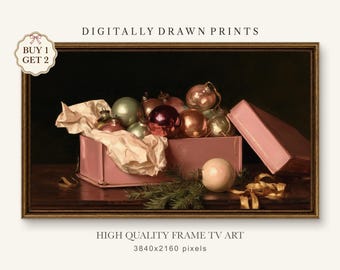 Vintage Christmas Frame TV Art: Pink Box of Glass Ornaments Painting (Digital Download)