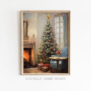 Arte de parede de Natal vintage, pintura a óleo de árvore de Natal vintage, decoração sazonal de Natal, arte de parede de fazenda, download digital
