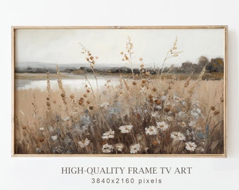 Puede incluir: Una pintura enmarcada de un campo de flores silvestres con un lago en el fondo. La pintura está realizada en tonos apagados de marrón, beige y blanco. El texto "HIGH-QUALITY FRAME TV ART 3840x2160 pixels" está impreso debajo de la pintura.