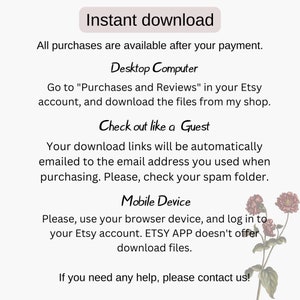 K&ouml;nnte beinhalten: Text auf wei&szlig;em Hintergrund, der erkl&auml;rt, wie man digitale Dateien herunterl&auml;dt, die auf Etsy gekauft wurden. Der Text enth&auml;lt Anweisungen f&uuml;r Desktop-Computer und mobile Ger&auml;te. Der Text enth&auml;lt auch den Satz "Sofortiger Download".