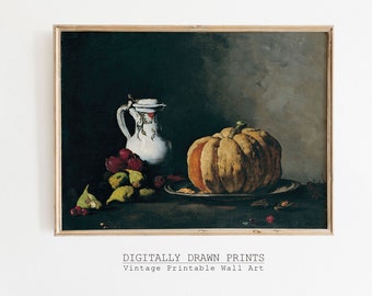 Vintage Moody Print, Dark Academia Wall Art, Kitchen Still Life Oil Painting, Printable Digital Art