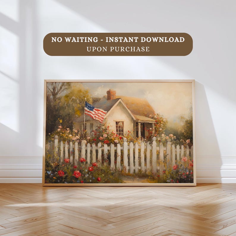May include: A painting of a white house with a picket fence and a red, white, and blue American flag in front of it. The house is surrounded by a lush garden with flowers in bloom.