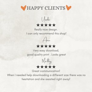 May include: A customer review graphic titled HAPPY CLIENTS with two orange heart icons. It displays three five-star reviews from Ursula, Ana, and Mallory, featuring text feedback about design, download ease, print quality, and helpful communication.
