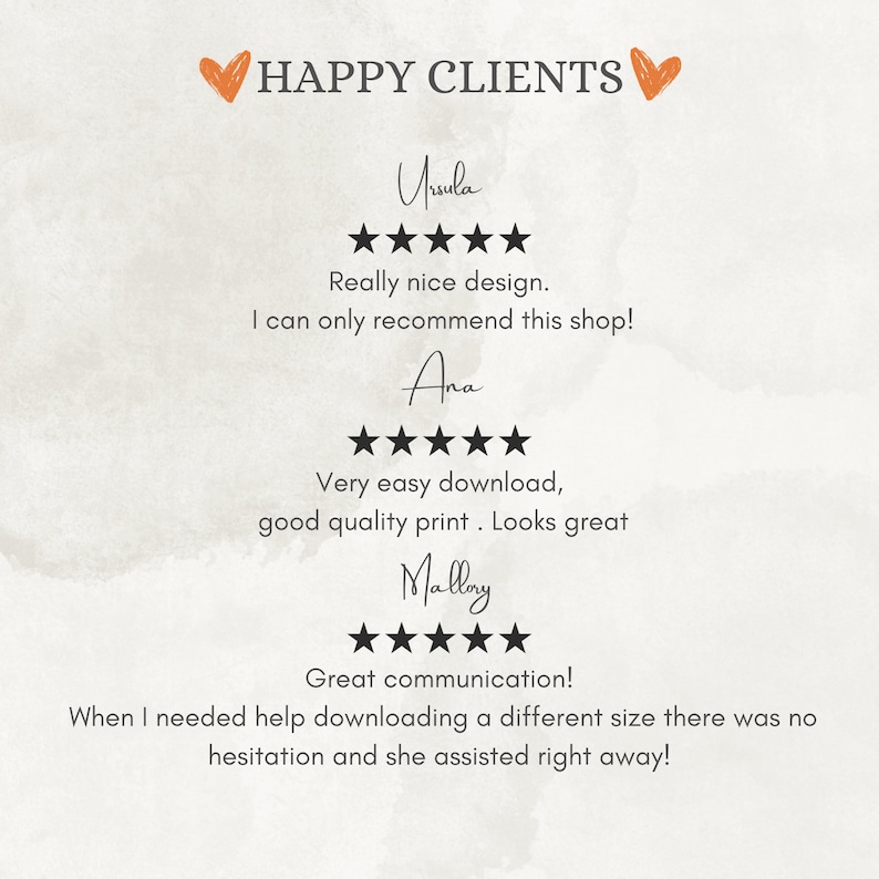 May include: A customer review graphic titled HAPPY CLIENTS with two orange heart icons. It displays three five-star reviews from Ursula, Ana, and Mallory, featuring text feedback about design, download ease, print quality, and helpful communication.