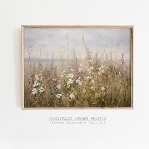 Spring Printable Wildflower Field Landscape, Vintage Painting, Spring Print, Farmhouse Print, Neutral Wall Art, Spring Art, Digital Download