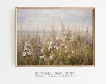 Könnte beinhalten: Ein Vintage-Gemälde, das ein Feld mit Wildblumen in Weiß- und Lilatönen zeigt. Die Blumen befinden sich im Vordergrund, mit einem nebeligen blauen Himmel und einem entfernten grünen Feld im Hintergrund.