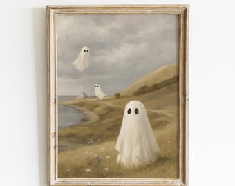 Neutral Halloween Ghost Art Print, Spooky Halloween Fall Painting Printable Wall Art, Vintage Ghost Print, Rustic Farmhouse Digital Download