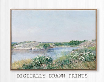 Printable Spring Lake Oil Painting, Wildflower Meadow, Country Field Landscape, Vintage Oil Painting Printable, Art Digital Download
