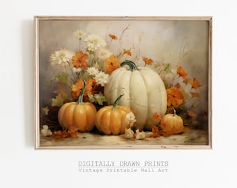 Fall Wall Decor Printable Pumpkin Still Life Painting, Halloween Autumn Decor Thanksgiving Print, Rustic Fall Art Vintage Autumn Wall Print