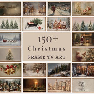 Puede incluir: Una colección de impresiones artísticas para TV con temática navideña enmarcadas. Las imágenes representan varias escenas invernales, incluyendo paisajes nevados, Papá Noel, árboles de Navidad y decoraciones festivas. El texto dice "150+ Christmas FRAME TV ART."