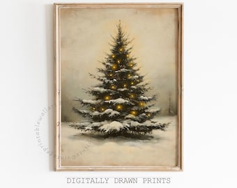 Moody Christmas Tree Print, Vintage Christmas Decor Printable Wall Art, Neutral Holiday Christmas Tree Painting, Digital Download Art