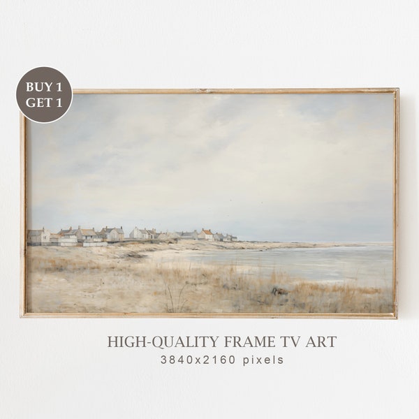 Vintage Summer Coastal Village Instant Download, Country Summer Beach Landscape Painting for TV, Neutral Summer Farmhouse Wall Decor
