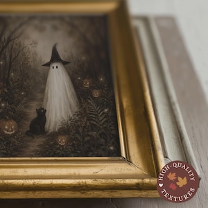 May include: A framed wall art print featuring a white ghost wearing a black pointed hat standing in a dark forest with a black cat and orange jack-o'-lanterns. The artwork is encased in a metallic gold frame with a distressed finish.