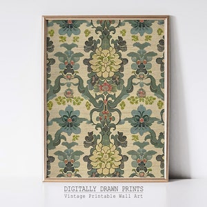 Vintage Textile Art, Botanical Toile Tapestry, Vintage Rug Neutral Textile,  Antique Art, Digital Download