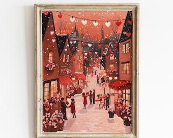 Valentinstag druckbare Wandkunst, Valentinstag romantische Dorfszene Druck, Bauernhausdekor, Liebesherzen Illustration digitaler Download