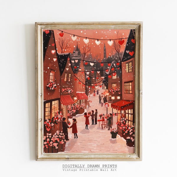Valentine's Day Printable Wall Art, Valentine's Day Romantic Village Scene Print, Farmhouse Decor, Love Hearts Illustration Digital Download
