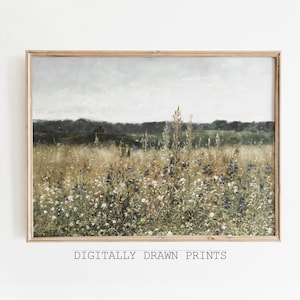 Printable Wildflower Field Landscape Oil Painting, Vintage Farm House, Country Landscape Oil Painting Printable, Digital Wall Art Printable