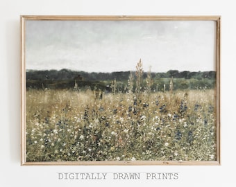 Printable Wildflower Field Landscape Oil Painting, Vintage Farm House, Country Landscape Oil Painting Printable, Digital Wall Art Printable