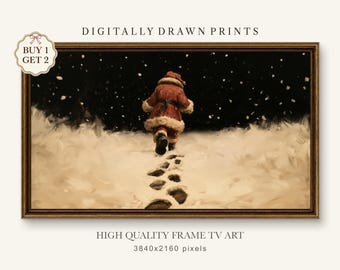 Vintage Christmas Frame TV Art: Santa Claus Walking in Snowy Landscape Painting (Digital Download)
