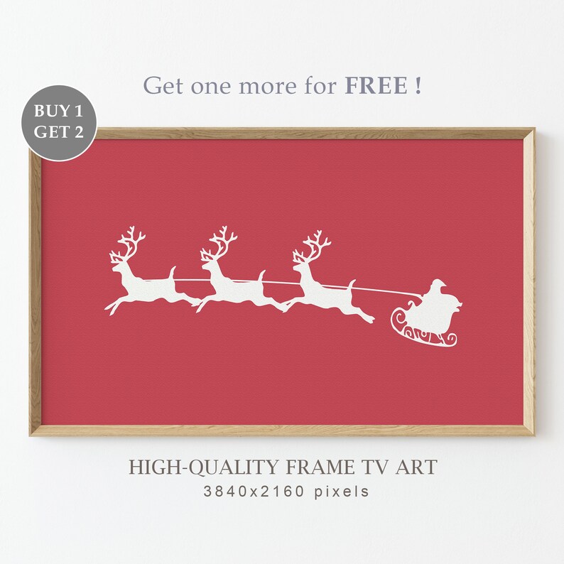 Puede incluir: Una silueta blanca de Pap&aacute; Noel montando en un trineo tirado por tres renos sobre un fondo rojo. La imagen est&aacute; enmarcada y tiene el texto "Get one more for FREE!" y "HIGH-QUALITY FRAME TV ART 3840x2160 pixels" debajo de la imagen.