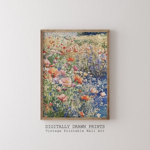 Pode incluir: Uma pintura em aquarela de um campo de flores silvestres em tons de rosa, vermelho, laranja e azul. As flores est&atilde;o dispostas em um padr&atilde;o solto e fluido, e o fundo &eacute; um azul suave e nebuloso.