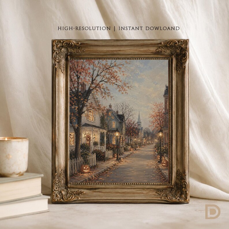 May include: A framed wall art print featuring an oil painting of a quiet street at dusk with autumn trees, glowing street lamps, and jack-o'-lanterns on the ground. The ornate, antique-style gold frame surrounds the detailed suburban scene.