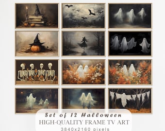 Halloween Frame TV Art Set of 12, Cute Ghosts in Oil Paintings, Vintage Fall Landscape Painting, Halloween Spooky Arts, Samsung Frame TV Set