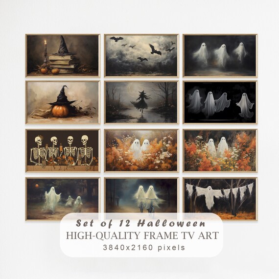 Halloween Frame TV Art Set of 12, Cute Ghosts in Oil Paintings, Vintage Fall Landscape Painting, Halloween Spooky Arts, Samsung Frame TV Set