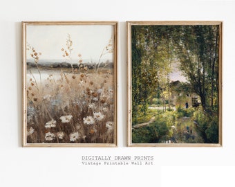 Set of 2, Country Landscape Print SET, Vintage Farmhouse Prints, Digital Download
