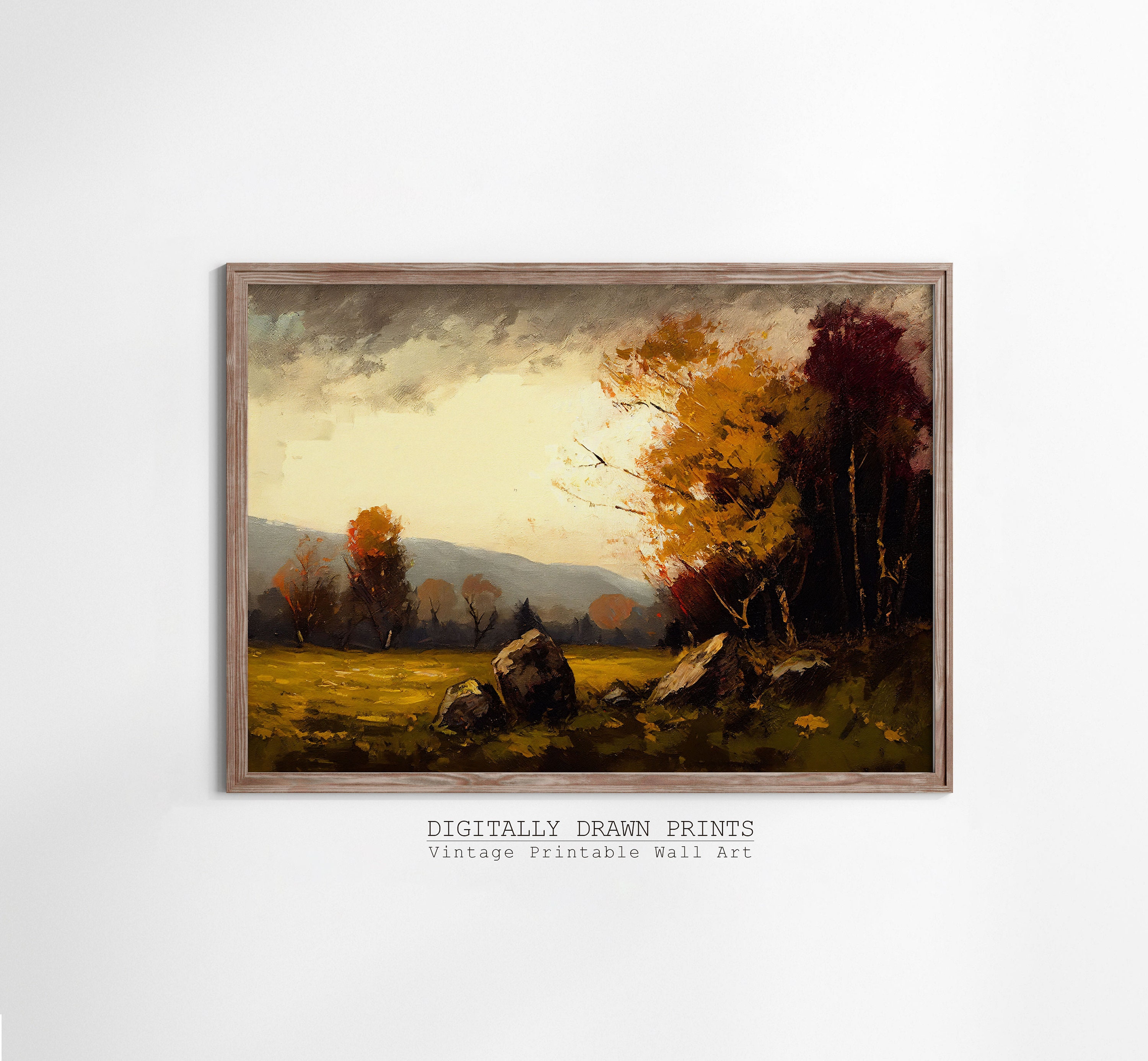 Moody Autumn Printable Field Landscape Oil Painting, Rustic Farm House ...