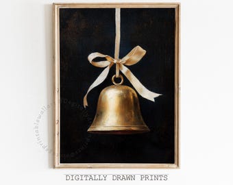 Vintage Golden Christmas Bells Printable Wall Art, Dark Festive Print, Moody Seasonal Art, Cottagecore Christmas Decor, Instant Download