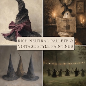 May include: A collection of four paintings featuring a dark witch hat with a purple bow, a ghost reading an Evening Haunt newspaper, three pointed hats, and a group of witches dancing in a forest, all with a rich neutral palette and vintage style.