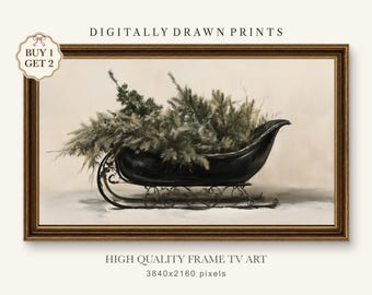 Neutral Christmas Sleigh Frame TV Art, Vintage Evergreen Holiday Painting, Winter Decor, Samsung Frame Digital Download TV Artwork