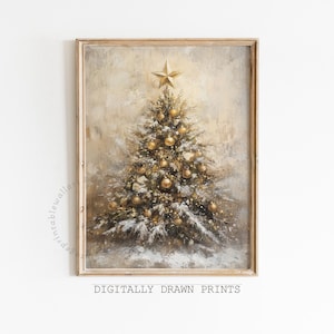 Vintage Golden Christmas Tree Printable Wall Art, Rustic Holiday Decor, Cottagecore Christmas Print, Christmas Gift Idea Digital Download