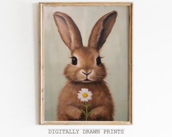 May include: A digital painting of a brown rabbit holding a white daisy with a yellow center. The rabbit is looking directly at the viewer with big brown eyes. The background is a light blue-green color.