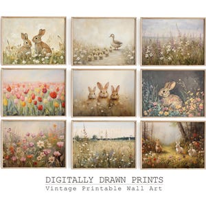 May include: Nine vintage printable wall art prints featuring a variety of spring-themed images, including bunnies, ducks, and wildflowers. The prints are digitally drawn and have a soft, watercolour-like style.