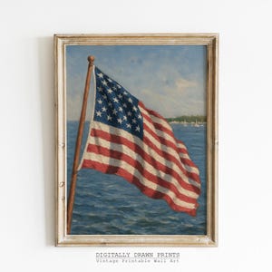 4th Of July Printable Wall Art, Coastal American Flag Painting, Independence Day Digital Download, Patriotic Decor, USA Vintage Style Print